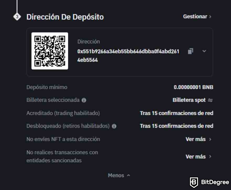 Spot trading en Binance: Dirección de deposito.