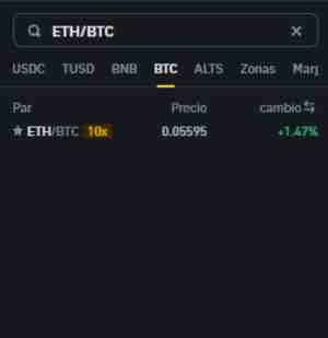 Spot trading en Binance: ETH/BTC pares de negociación.