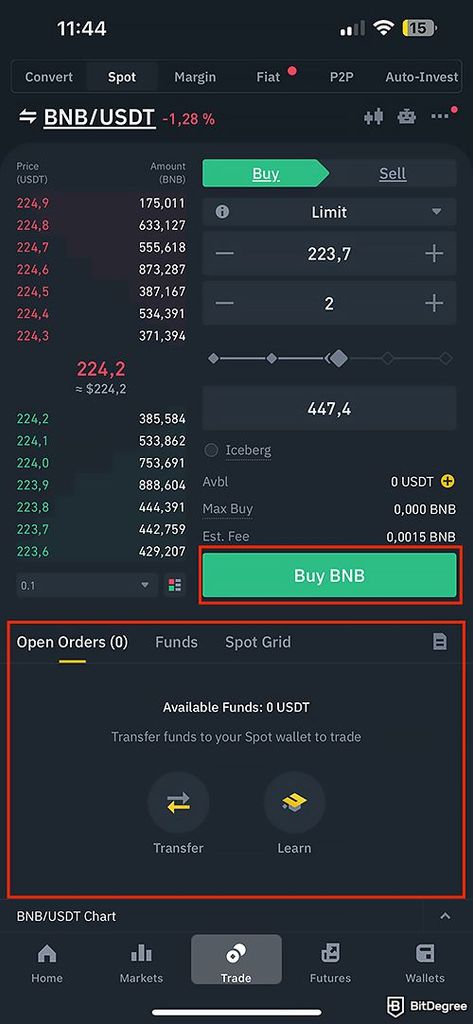 Binance spot trading: open order tab in the Binance app.