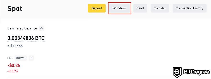 Binance spot trading: withdraw button.