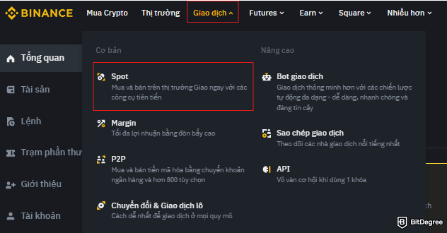 Cách rút USDT về tài khoản ngân hàng: menu giao ngay được tô sáng.