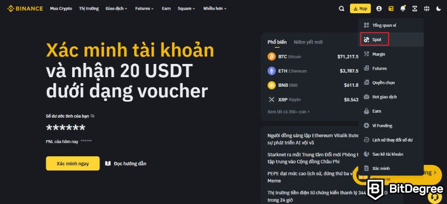 Sàn Binance là gì: Spot.