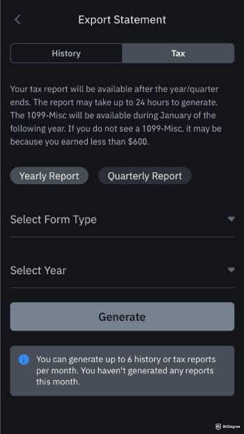Binance taxes: select tax and the yearly report will be pre-selected.