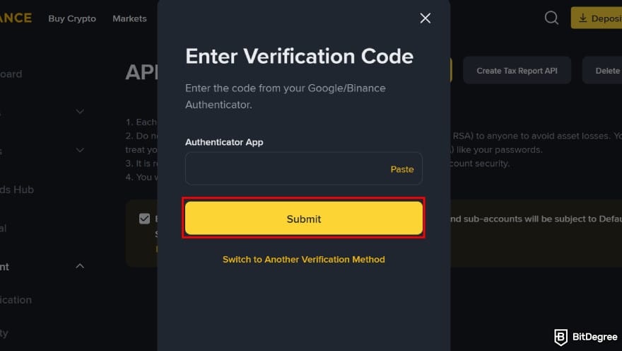 Binance taxes: enter the verification code.