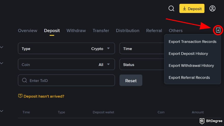 Binance taxes: select the document that you want to export.