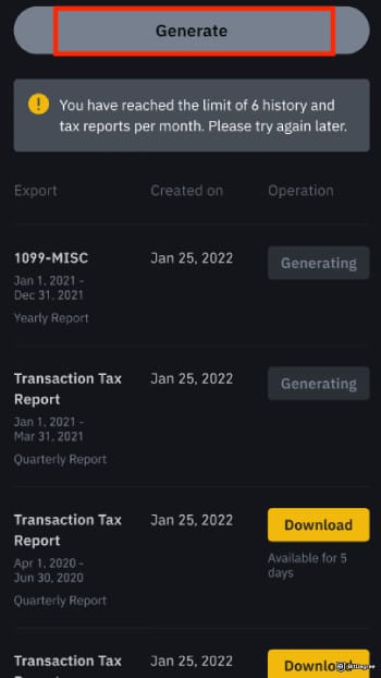 Binance taxes: tap generate to add your form to the queue.