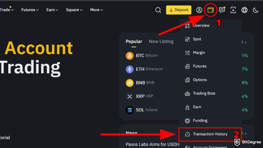 Binance taxes: navigate to the transaction history section.