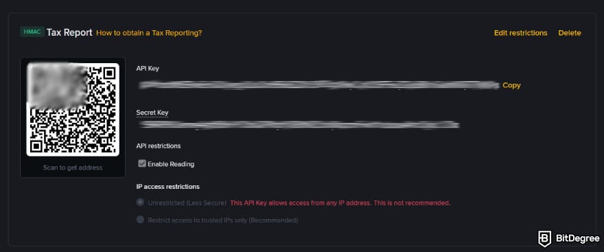 Binance taxes: copy the API key.