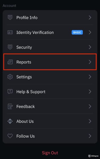 Binance taxes: scroll down and select reports.