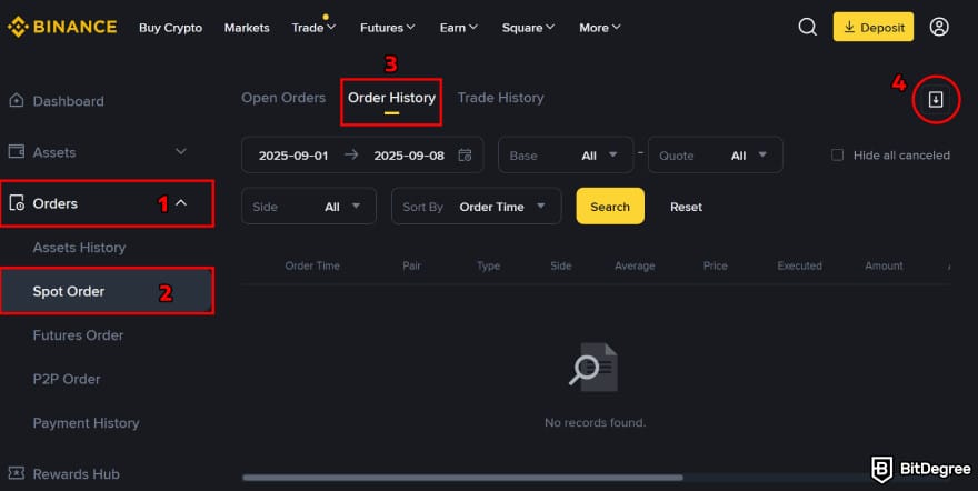 Binance taxes: go to the order history page.