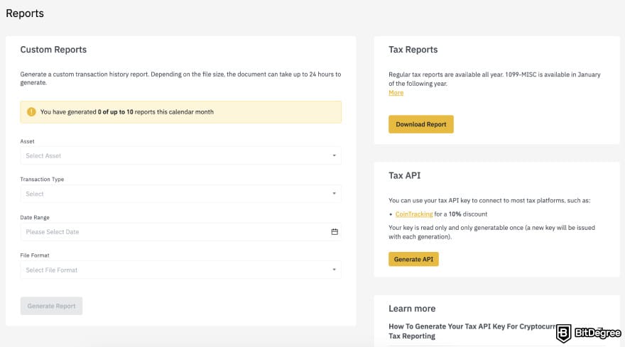 Binance taxes: Binance US tax reports interface.