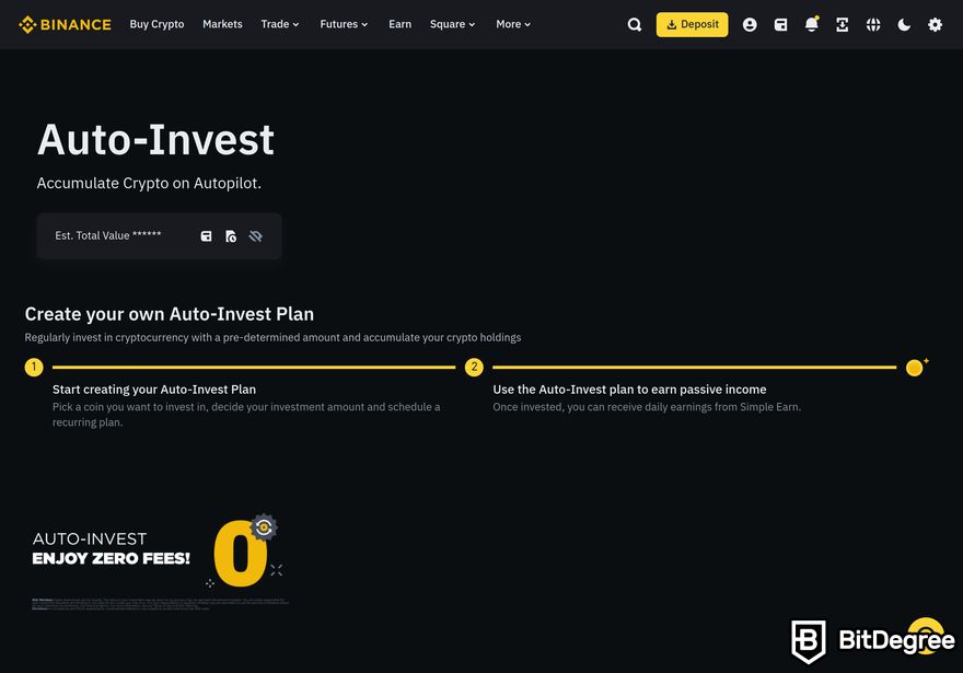 Binance trading bot review: a preview of Binance's Auto-Invest page.