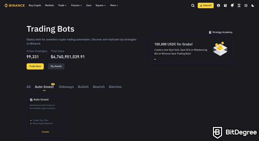 Binance trading bot review: a preview of Binance's Trading Bots page highlighting the Auto-Invest option.