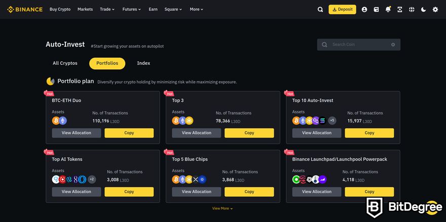 Binance trading bot review: Binance's Auto-Invest page showing Portfolios.