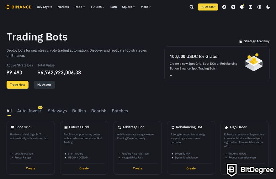 Binance trading bot review: a preview of Binance Trading Bots page.