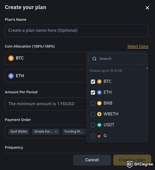 Binance trading bot review: a preview of Binance's Auto-Invest Create Your Plan pop-up window.