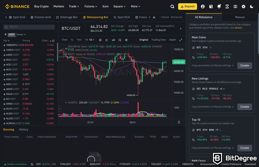 Binance trading bot review: a preview of Binance's Rebalancing bot interface.