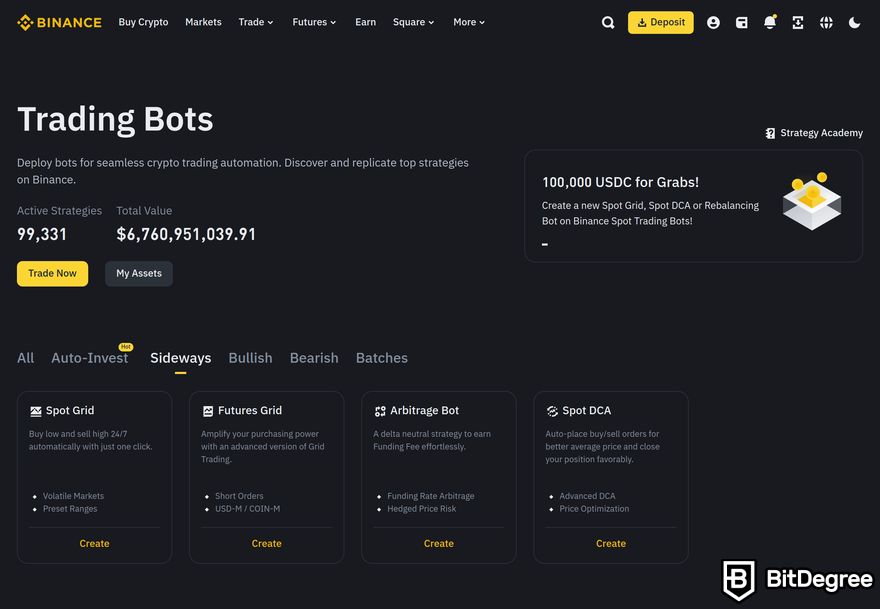 Binance trading bot review: a preview of Binance's Trading Bots page highlighting the Sideways option.