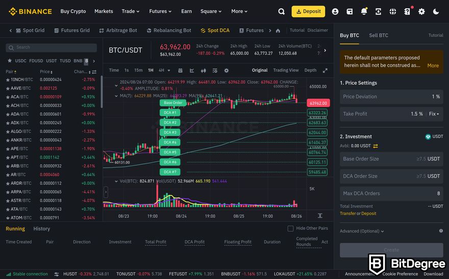 Binance trading bot review: a preview of Binance's Spot DCA interface.