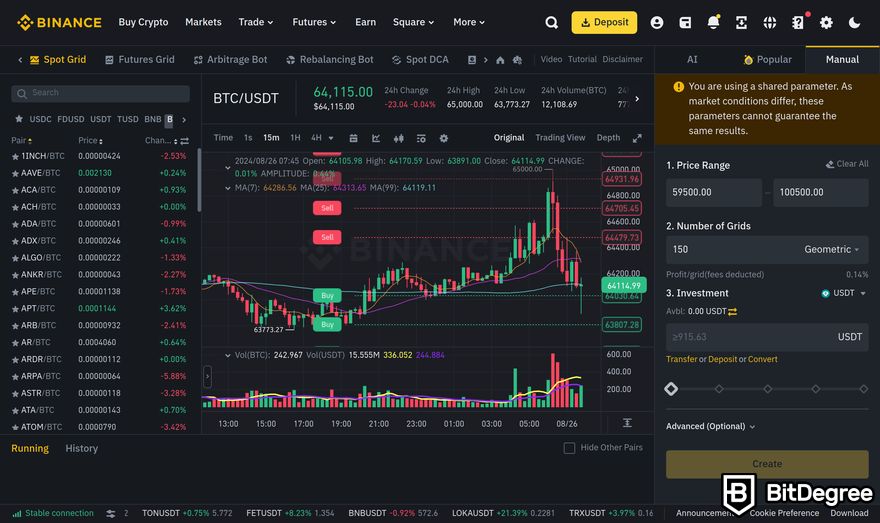 Binance trading bot review: a preview of Binance's Spot Grid bot interface.