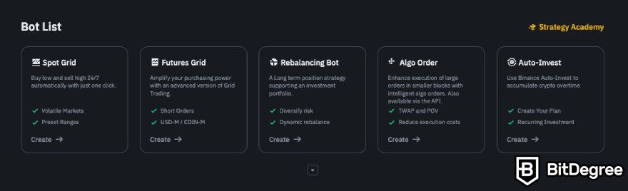 Binance trading bots: bot list.