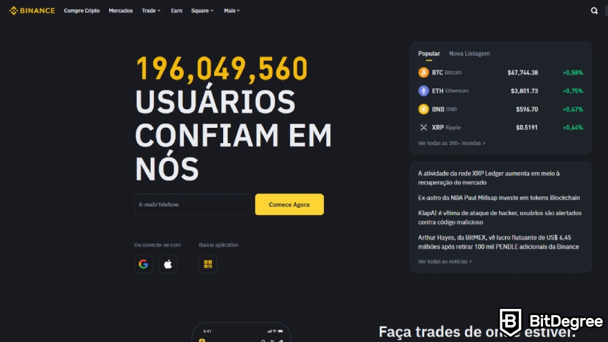 Padrões de criptomoedas: página inicial da Binance.