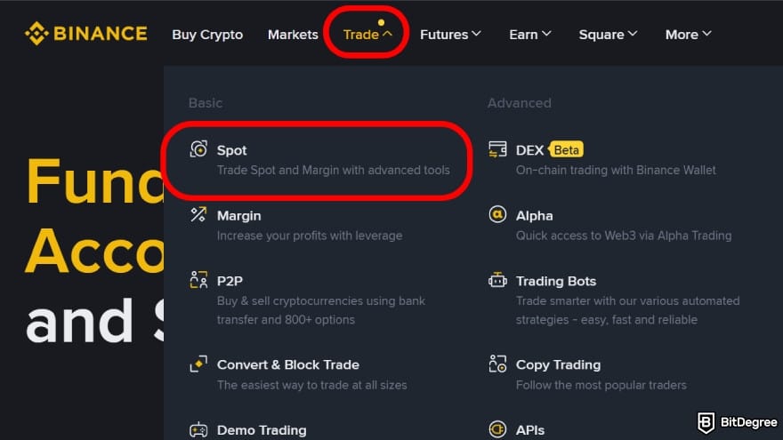 Binance vs KuCoin: select [Spot].