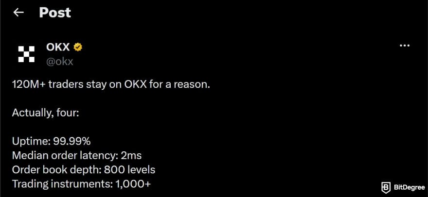 Binance vs OKX: X post about OKX's uptime. Binance vs OKX: X post about OKX's uptime.