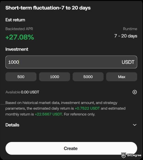 Binance vs OKX: set the amount and click [Create] to activate the bot.