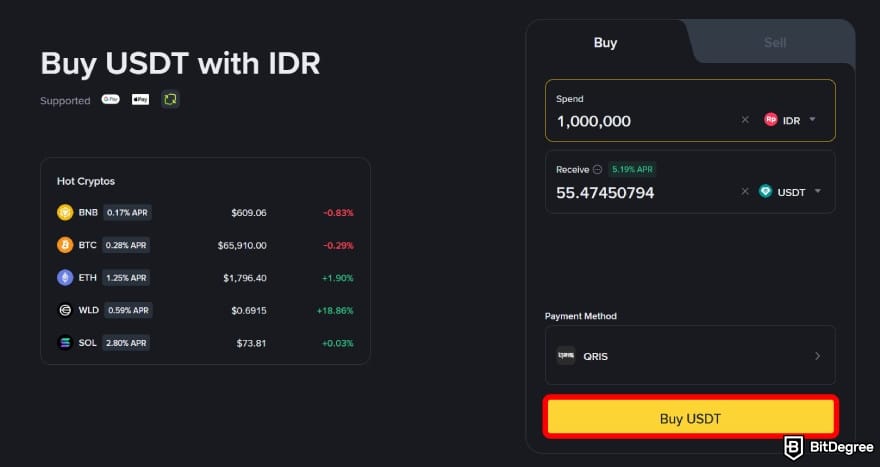 Binance vs Uphold: buying USDT on Binance.