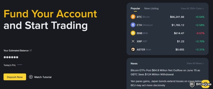 Binance vs Uphold: Binance homepage.