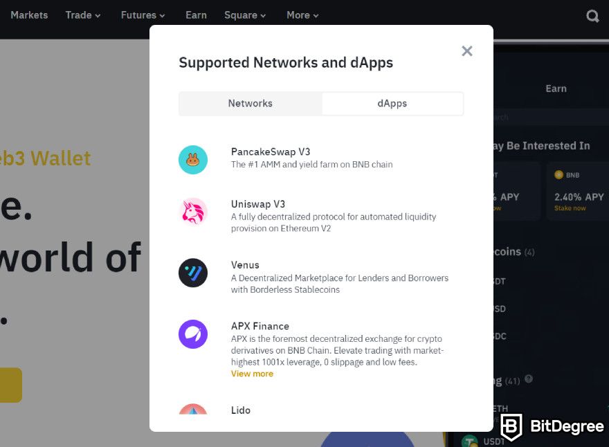 Binance Web3 wallet review: supported dApps.