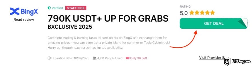 BingX referral code: a red arrow pointing to the [GET DEAL] button on BitDegree's page.
