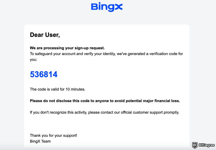 BingX review: verification code.