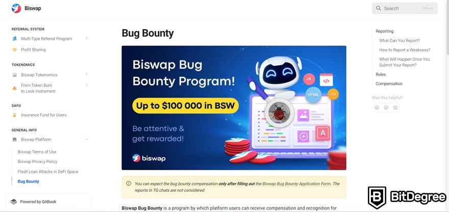 Biswap review: the details of Biswap's bug bounty program on its help center.