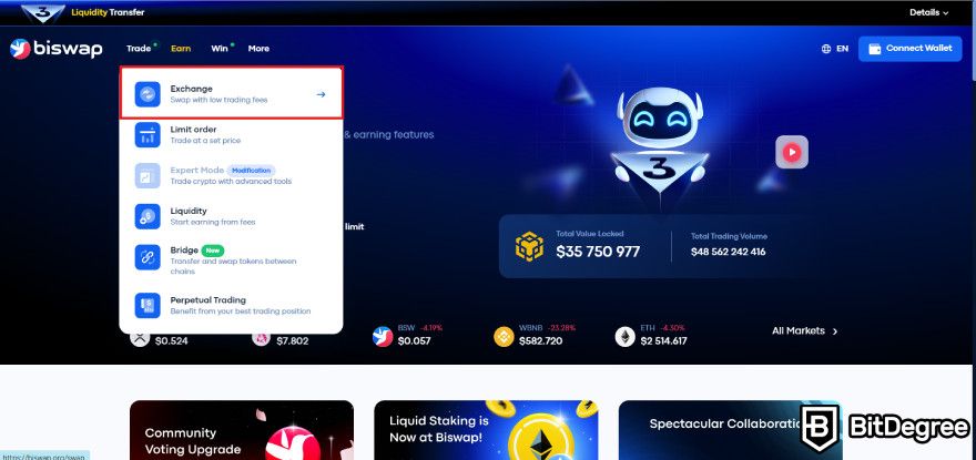 Biswap review: the "Exchange" option under the "Trade" menu.