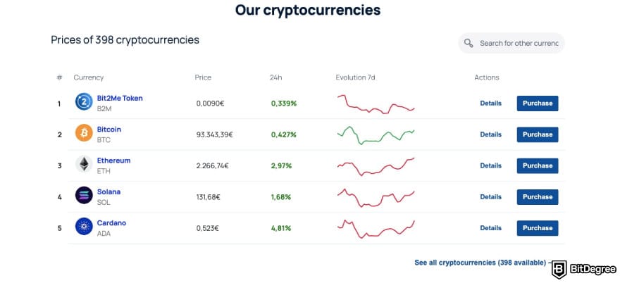 Bit2Me review: Bit2Me displaying the supported cryptocurrencies.