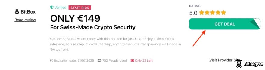 BitBox promo code: a red arrow pointing to the [GET DEAL] button on BitDegree's page.