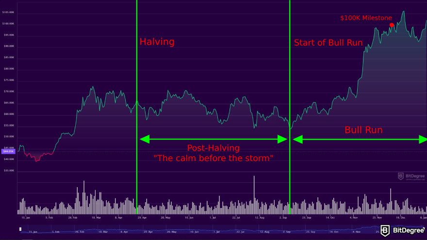 Bitcoin cycles: the start of the 2024 Bitcoin market cycle and the coin reaching the $100K all-time-high record.