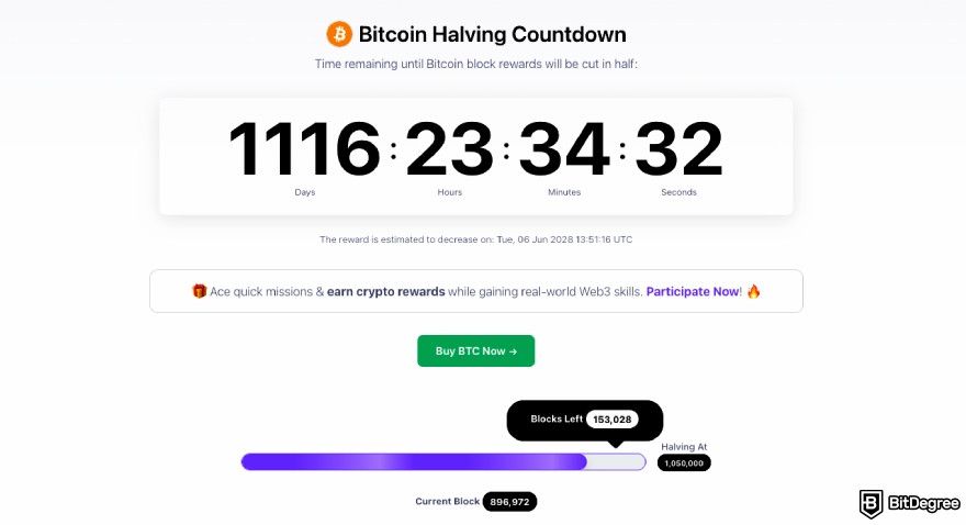 Bitcoin cycles: time remaining until Bitcoin block rewards will be cut in half.