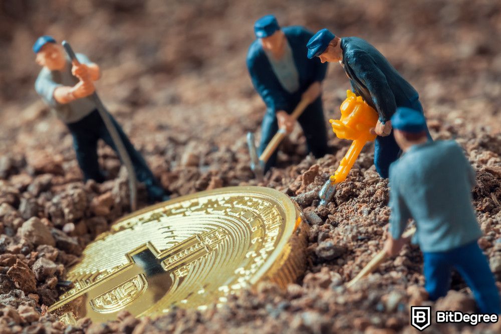 Bitcoin scams: micro miner figurines digging ground to uncover big Bitcoin.