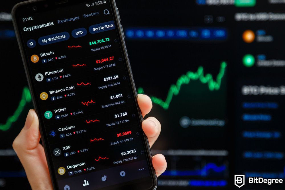 Lừa đảo Bitcoin: một bàn tay đang cầm điện thoại thông minh có chạy ứng dụng CoinMarketCap.