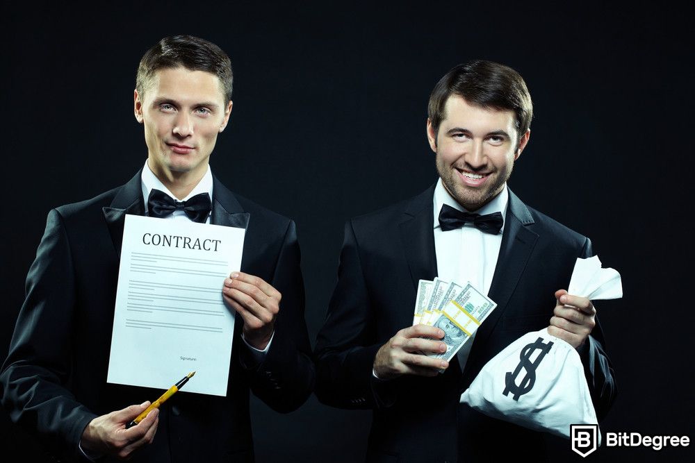 Bitcoin scams: two men holding a contract paper and a sack of dollars.