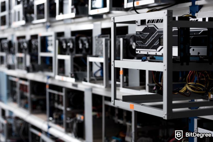 Bitcoin staking: a row of mining rig neatly arranged.