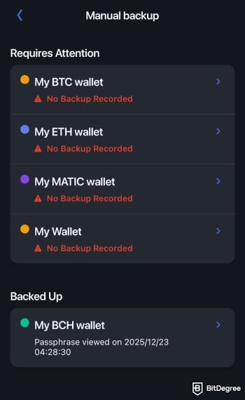 Bitcoin.com review: wallet recovery phrases manual backup.