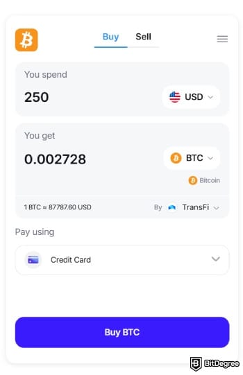 Bitcoin.com review: buy crypto screen showing a fiat-to-Bitcoin purchase flow.