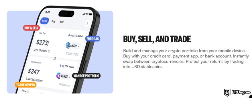 Bitcoin.com review: the app interface preview highlighting buy, sell, and swap features.