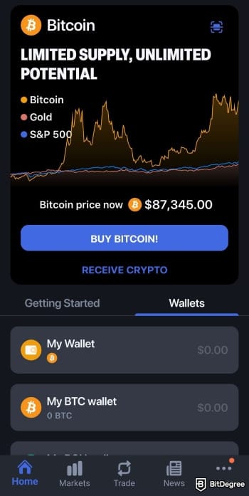 Bitcoin.com review: home screen of the app.
