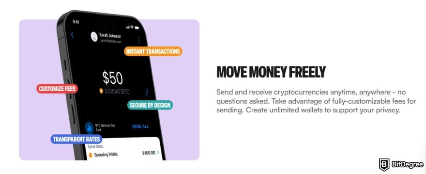 Bitcoin.com review: wallet feature highlight showing fast crypto transfers and customizable network fees.