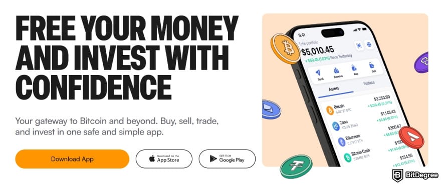 Bitcoin.com review: promotional banner presenting Bitcoin.com Wallet as a gateway for buying, selling, and managing cryptocurrencies.